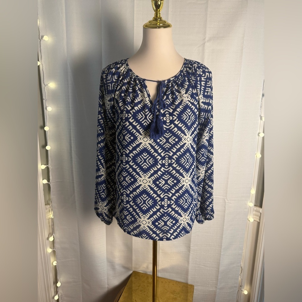 Olivaceous Blue and White Tie Front Blouse